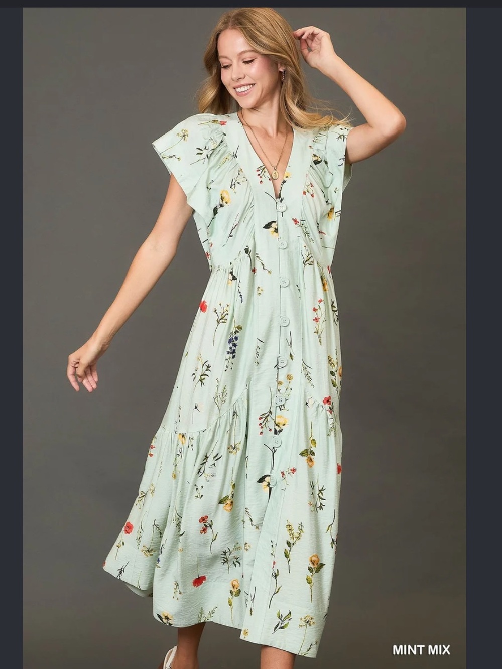 Umgee Mint Floral Button-Front Flutter Sleeve Midi Dress